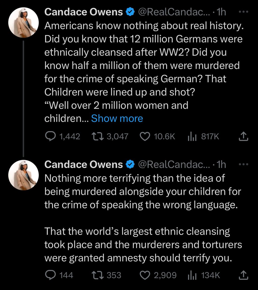 This is making my head split in pain.

Are we supposed to believe that she is so ignorant of history, uninformed & frankly low-IQ enough to believe that reprisals against Germans right after WW2 was only because “they spoke German?”

Stop playing coy & go full groyper already.