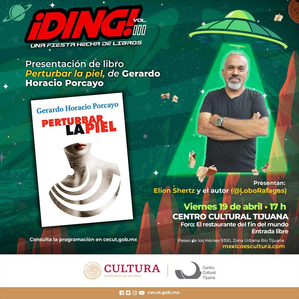 Hoy en  ¡Ding! Una fiesta hecha de libros, Vol.III tendremos la presentación de "Perturbar la piel" de Gerardo Horacio Porcayo (<a href="/LoboRafagas/">Gerardo Horacio Porcayo</a>). A las 17 hrs en el Centro Cultural Tijuana (<a href="/cecut_mx/">CECUT MX</a>).
Participa: Elion Shertz.

<a href="/LibreriasEducal/">libreriaseducal</a> <a href="/cultura_mx/">Secretaría de Cultura</a> #RepúblicaDeLectores