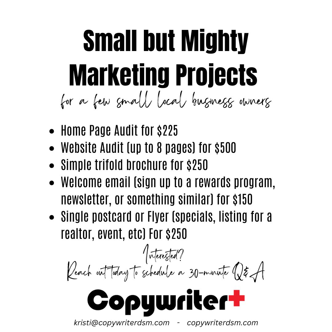 kkenyon86's tweet photo. I have some space in my work calendar before I'm OOO &amp; looking to fill it with some small but mighty marketing projects for small business owners. Know any #dsmusa business owners interested in any of these services below?
#TIA #smallbusinessmarketing #supportlocalbusiness https://t.co/legDLRuYAQ