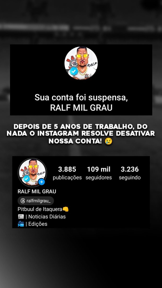 🤦‍♂️5 Anos de trabalho jogados no Lixo! Infelizmente o Instagram desativou nossa página, estamos Totalmente abalado, Pelo Corinthians continuaremos nosso trabalho pois diversas pessoas gostam do nossos conteúdos! Novo Perfil no Instagram👉@ralfmilgrau__2