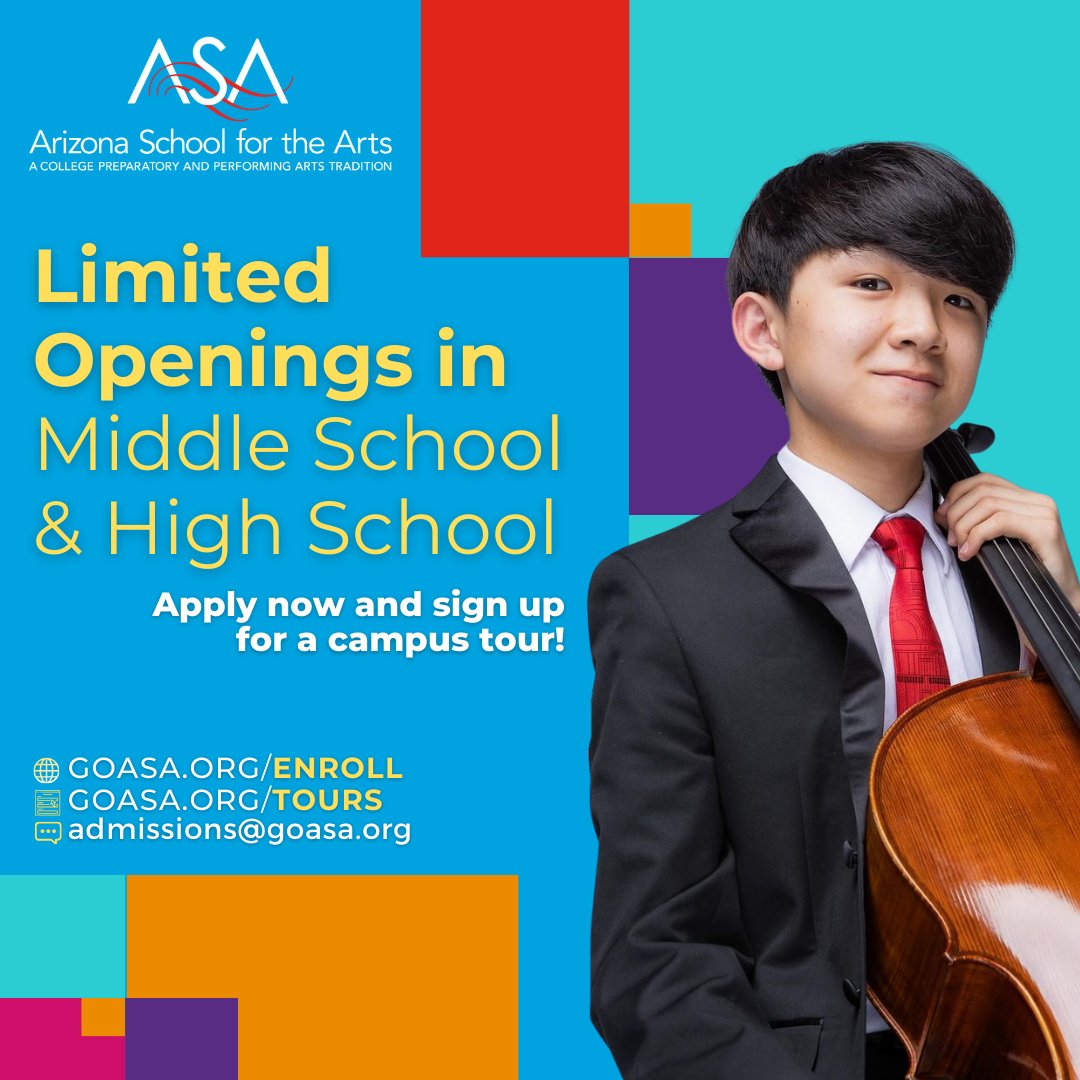 Arizona School for the Arts is now accepting applications for the 2024-25 school year! Apply online today at GOASA.ORG/ENROLL and sign up for our next campus tour on Wednesday 5/1 from 1:30-2:30pm at GOASA.ORG/TOURS. We can't wait to meet you! #ArtsandSmarts
