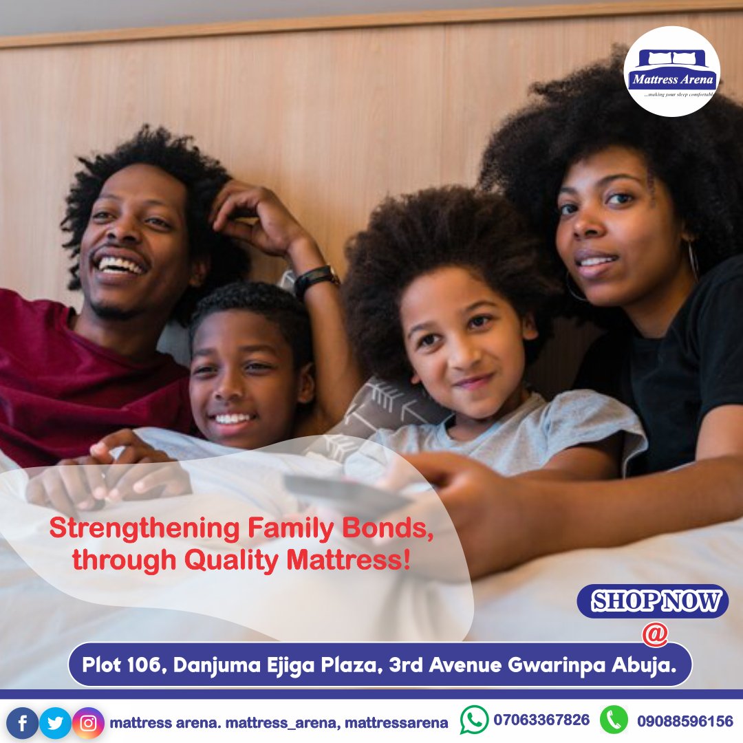 Strengthen Your Family Bonds with Our Mattresses!
Transform bedtime into cherished family moments with Mattress Arena. 
@vitafoam @moukalimited @royalfoamnigeria uniforms.ng
#familyfirst #qualitysleep #HomeSweetHome #FamilyBonding #MattressGoals #CozyNights #SleepWell