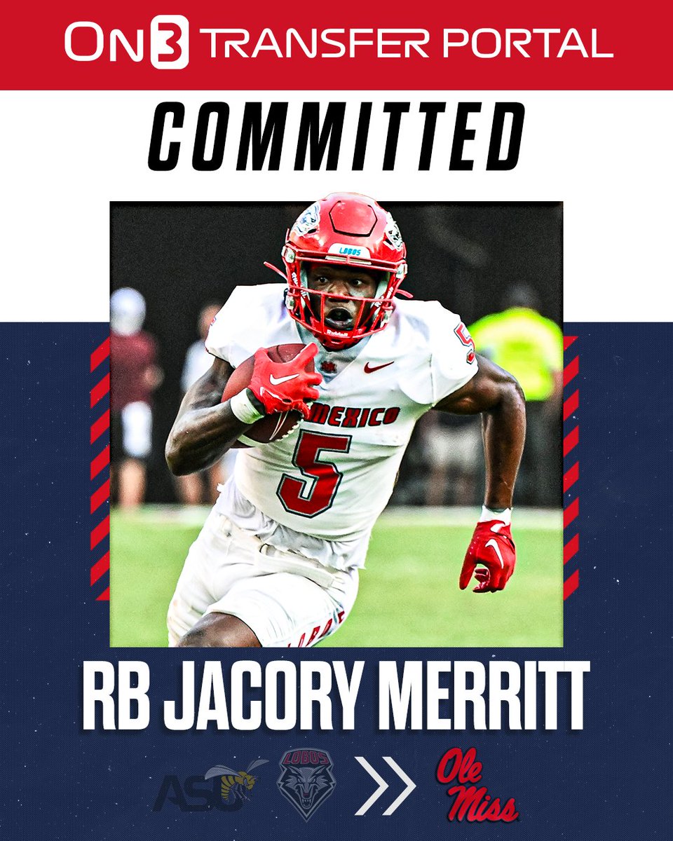 Ole Miss football and Lane Kiffin decided to get in on the spring portal fun. New Mexico running back Jacory Merritt has committed to the Rebels. In 2023, he ran for 1,190 and 17 touchdowns. @OMSpiritOn3 has more here on3.com/teams/ole-miss…