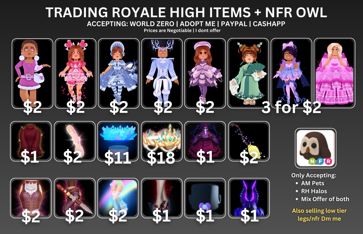 Trading rh sets/items/halos +nfr owl 
#royalehigh #royalehighcrosstrade #adoptmeoffers #royalehightrade #royalhigh #royalehightraders #adoptmetrading #adoptmeoffer #adoptmecrosstrade #adoptme #adoptmetrading #mm2 #murdermystery2 #mm2trade #mm2trading #mm2trades