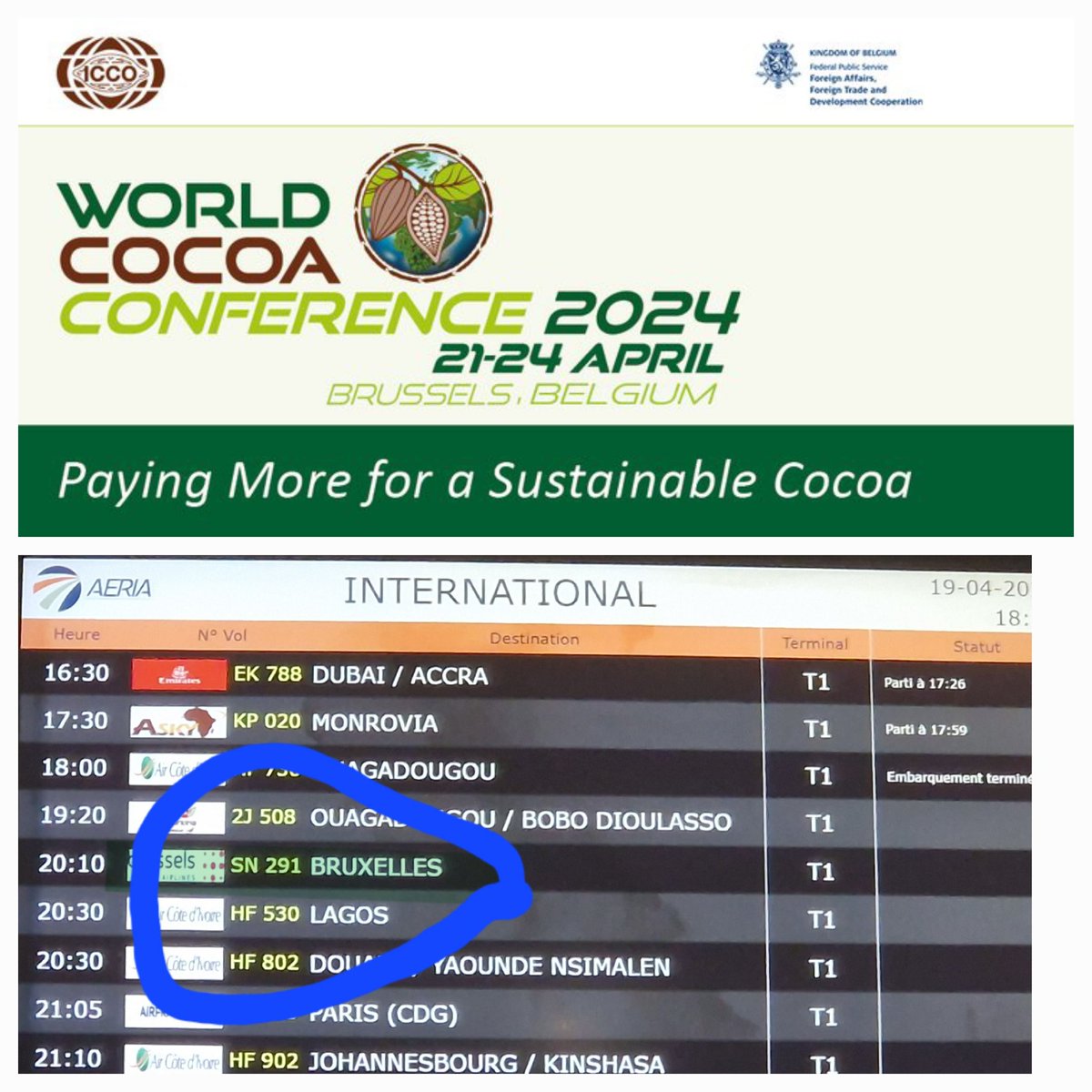 De la terre du cacao à la terre du chocolat. En route d'Abidjan à  Bruxelles pour la Conférence Mondiale du Cacao @WorldCocoaConf #CocoaBrussels2024 @IntlCocoaOrg @BelgiumMFA