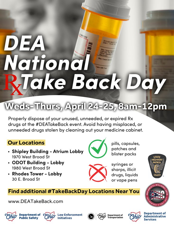 The Patrol is participating in the @OHPublicSafety local #TakeBackDay. This is a free event for community members to properly dispose of old and unneeded medications safely and anonymously. Proper disposal of unneeded drugs saves lives.