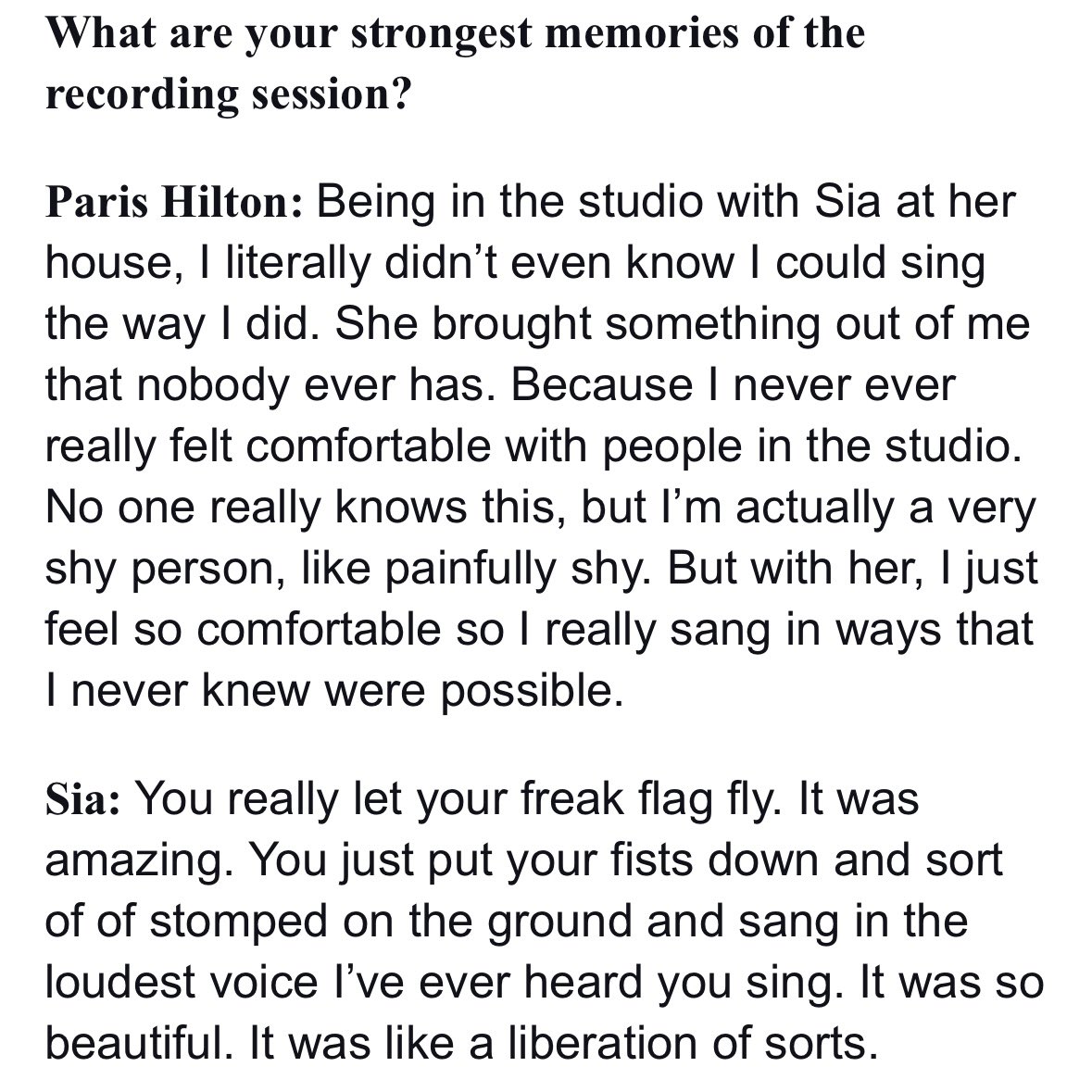 📰 | @ParisHilton and @Sia remember their strongest memories of recording together in @billboard: “Being in the studio with Sia at her house, I literally didn‘t even know I could sing the way I did“ — Paris “You really let your freak flag fly“ — Sia