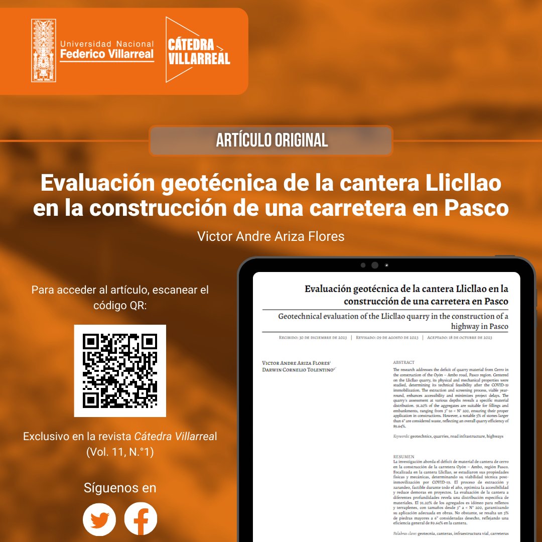 RCV_UNFV's tweet photo. Los invitamos a leer el siguiente artículo titulado “Evaluación geotécnica de la cantera Llicllao en la construcción de una carretera en Pasco” en el siguiente enlace:
https://t.co/z5erQICGIb

📷 Exclusivo en la revista Cátedra Villarreal (Vol. 11, N.º 1) https://t.co/a6FXdG4FCf