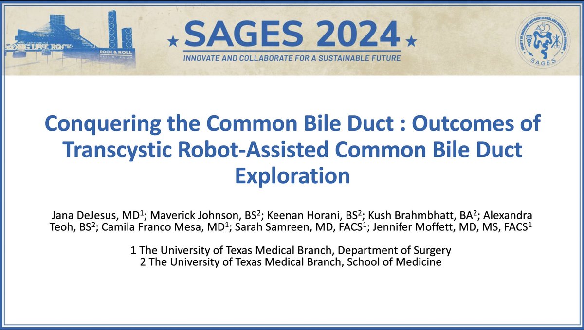 Transcystic CBD Exploration is possible for Acute Care Surgeons, and benefits including ⬇️ LOS of while maintaining high clearance rates is applicable to the robotic platform! Great job @JanaD_MD! @SAGES_Updates @UTMBSurgery @CamilaFrancoMe @SamreenSarah #conquertheCBD