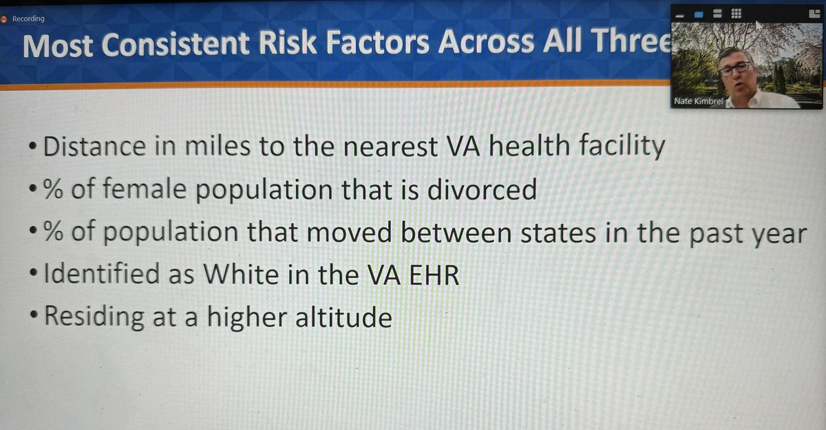 Great panel at #srs24 chaired by @PDRussell_PhD. Nate Kimbrel presented on predictors of geographical hotspots for #vet #suicide. Most consistent predictors were distance from VA, % of females divorced, % pop moved states in the last year, white identity, and live at altitude.