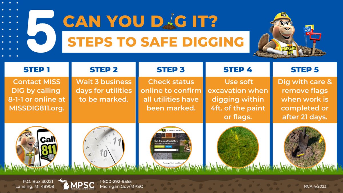 Did you know that it's required by law that anyone planning on digging must call @MISSDIG811 at least three days in advance to have underground utilities marked for safety?