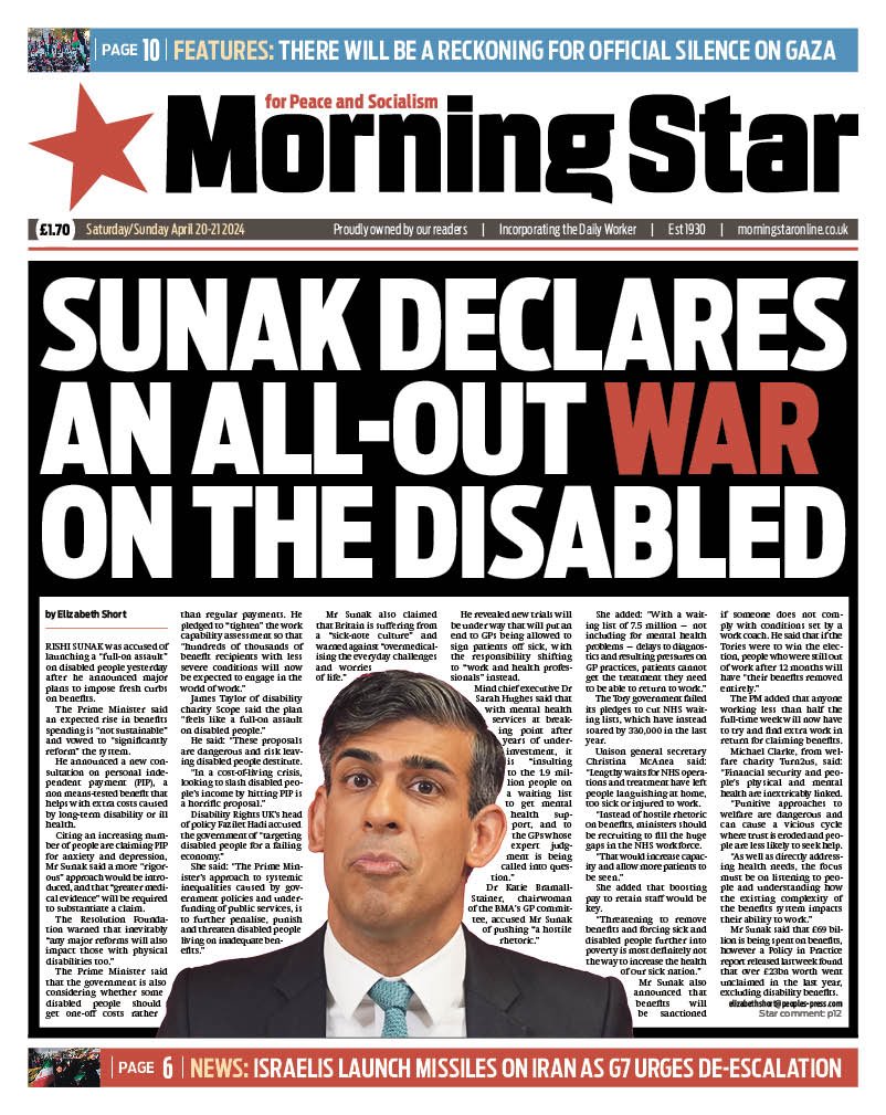 Morning Star: Sunak declares all out war on the disabled #TomorrowsPapersToday