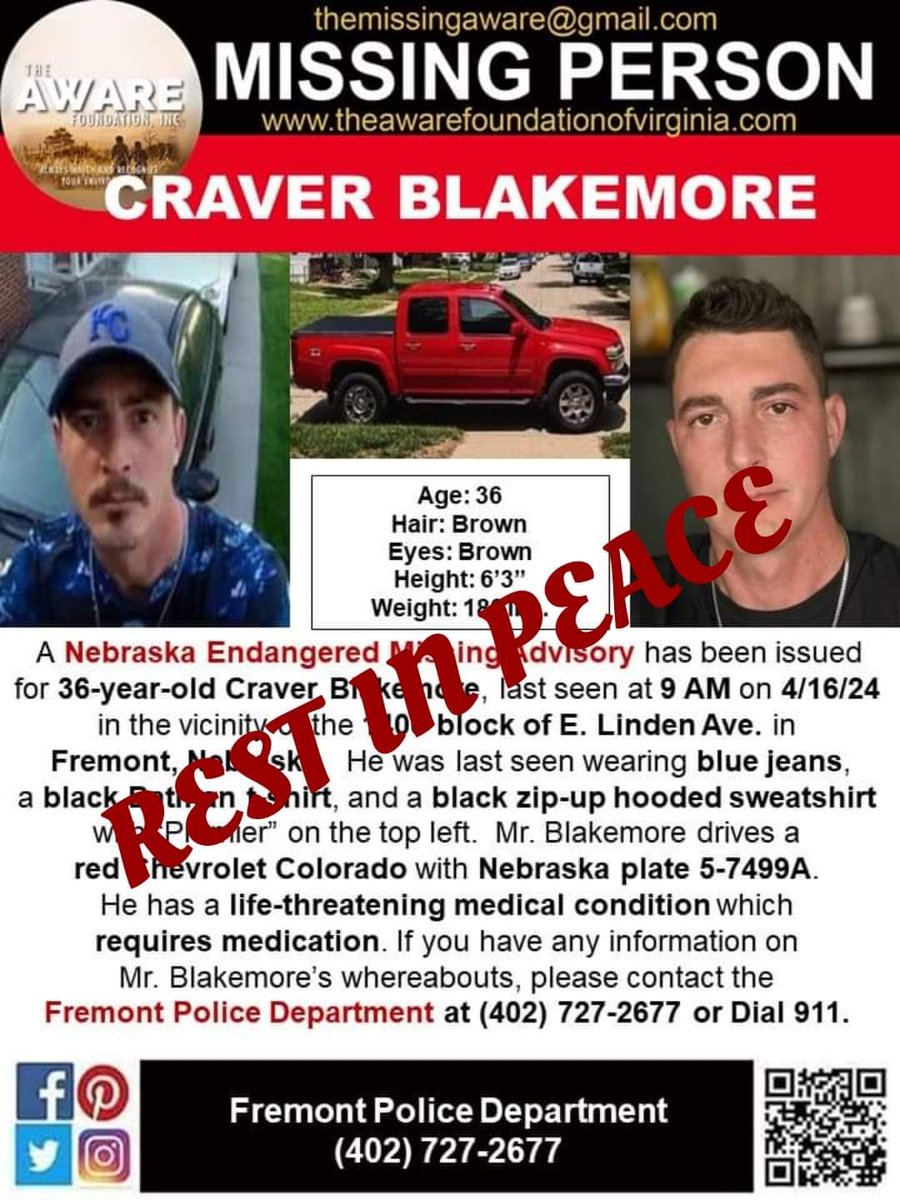 UPDATE:  We are saddened to report the endangered missing subject, Craver Blakemore, last seen in Fremont on 4/16 has been located deceased in Colfax County. No foul play is suspected. Next of kin has been notified. #TheAWAREFoundation