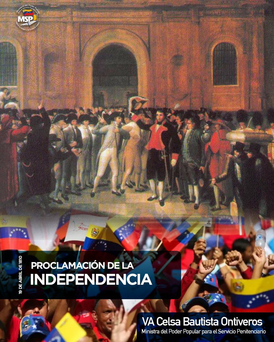 Min. @CelsaBautistaO Hace 214 años Venezuela proclamó su independencia, un acto heroico donde ratificó su firme posición de ser libre y hoy nuestra Patria sigue en la defensa de su soberanía y legado eterno del Libertador Simón Bolívar y Comandante Chávez contra el imperialismo.