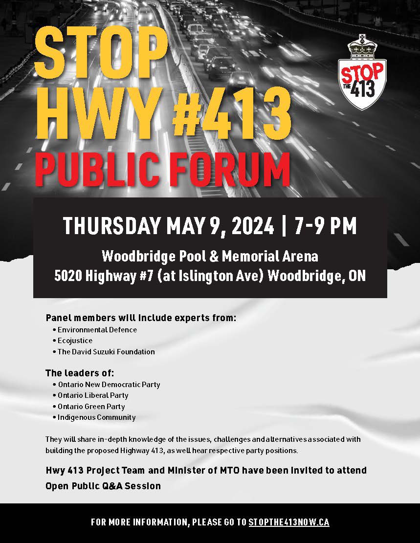 The community is hosting a forum on the proposed Hwy 413 - please join them and educate yourself on the negative impacts of this highway with an expert panel <a href="/STOPthe413NOW/">STOPthe413NOW</a> <a href="/TorontoStar/">Toronto Star</a> <a href="/CTVToronto/">CTV News Toronto</a> @CBCQueensPark <a href="/ColinDMello/">Colin D'Mello | Global News</a> <a href="/globeandmail/">The Globe and Mail</a>