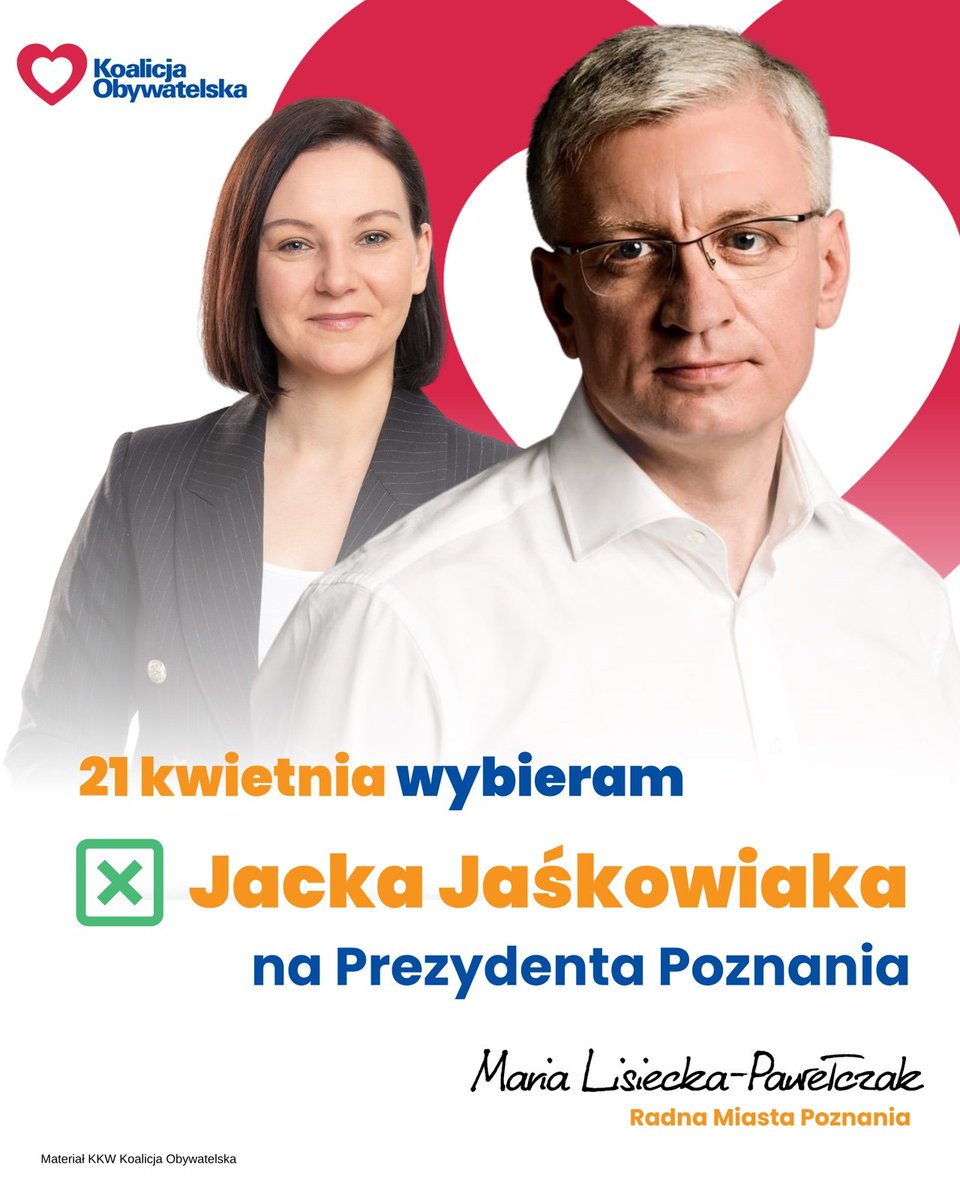 W niedzielę 21 kwietnia stawiam X przy Jacku Jaśkowiaku. Stawiam na Poznań europejski, otwarty i tolerancyjny ✌️