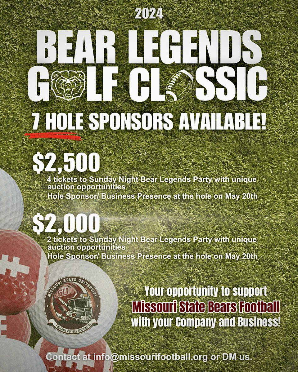 𝐂𝐇𝐄𝐂𝐊 𝐓𝐇𝐈𝐒 𝐎𝐔𝐓! 🚨 Bear Legends Golf Classic! Interested in the opportunity to support Bears Football with your company or business? 🐻🏈 See y’all on the course! ⛳️ Email info@missourifootball.org or DM us with any questions or inquires.