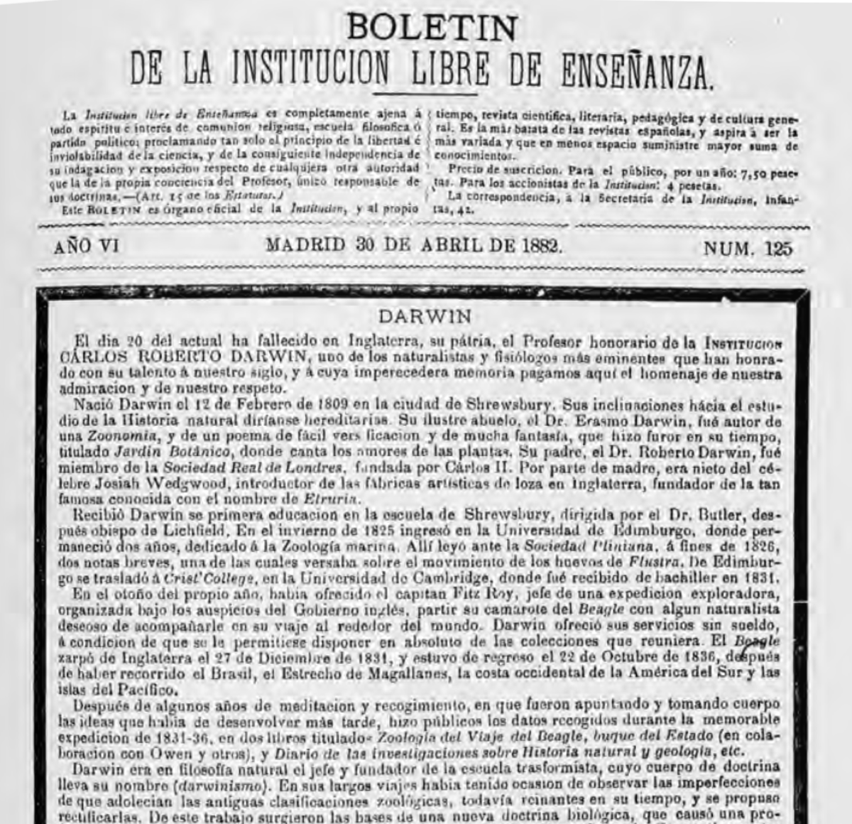 Hoy, hace 142 años fallecía Charles #Darwin. Aquí, la necrológica que le dedicó la Institución Libre de Enseñanza, de la que era profesor honorario.