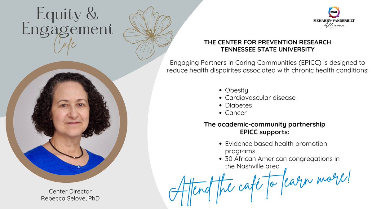 The Center for Prevention Research conducts community-based behavioral & health services research aimed at reducing health disparities. Attend the Café to learn more about their EPICC program 👉 bit.ly/4aZHHTt @TSU_COHS @RaphahInstitute @UWNashville @HONashville