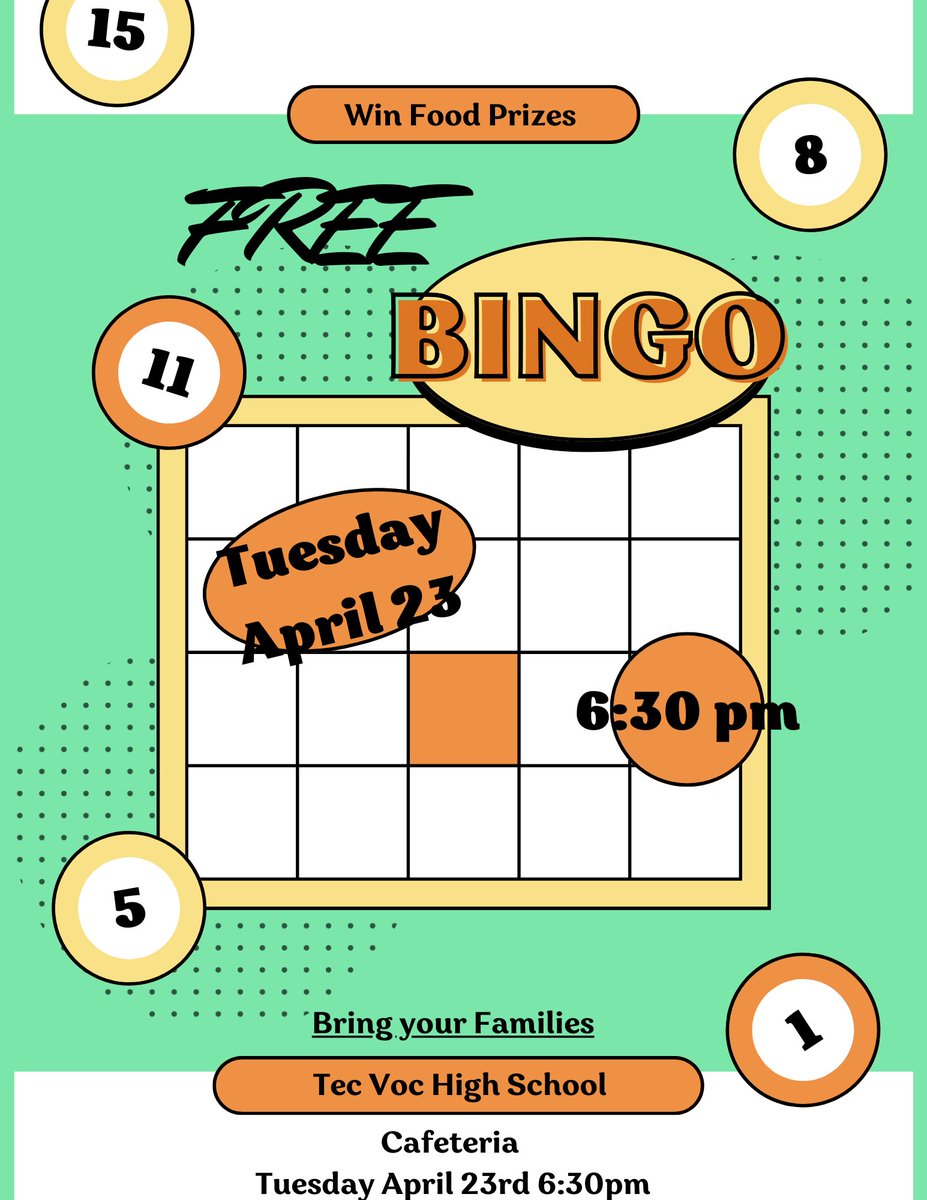 Tec-Voc will host a Bingo event in the cafeteria for Tec-Voc students and their families on Tuesday, April 23rd, starting at 6:30 PM. Join in for a chance to win food prizes! For additional details, reach out to our Tec-Voc Community Support worker at rehill@wsd1.org.  #tecvoc