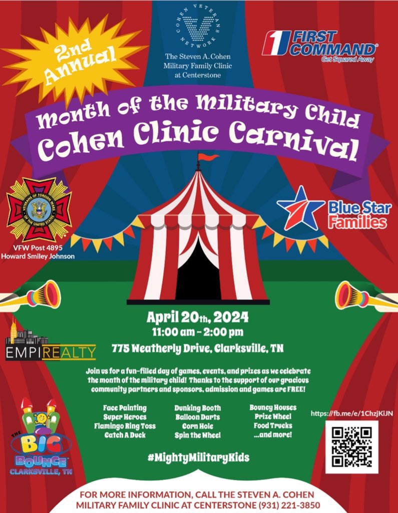 MilitaryFBCT's tweet photo. Tomorrow is the #MonthoftheMilitaryChild Cohen Clinic Carnival @CohenVeterans from 11 am to 2 pm on Weatherly Drive in Clarksville.

The weather looks great with a low chance of rain with a great chance for fun! 

* See the pic for details.

#MOMC #fbct #MilitaryMinistry https://t.co/feNh1HlHDt