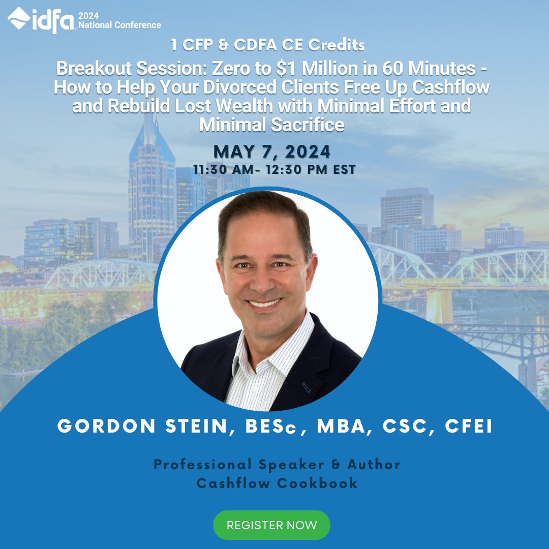 cashflowcookbk's tweet photo. Looking forward to presenting at the IDFA conference on May 7th! The Institute of Divorce Financial Analysts certify wealth advisor to help their clients with the financial situations that arise from a divorce. One of the big issues is rebuilding their wealth. https://t.co/yKYr78sSMo
