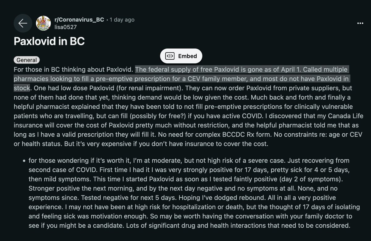 Federal Paxlovid supply terminated April 1, most #BC #BCPoli pharmacies do not have it in stock anymore, not that it was being given out to many BCans anyway. Shoutout @GovCanHealth for accelerating the democide of the 'vulnerable' -- doing Hitler proud. reddit.com/r/Coronavirus_…