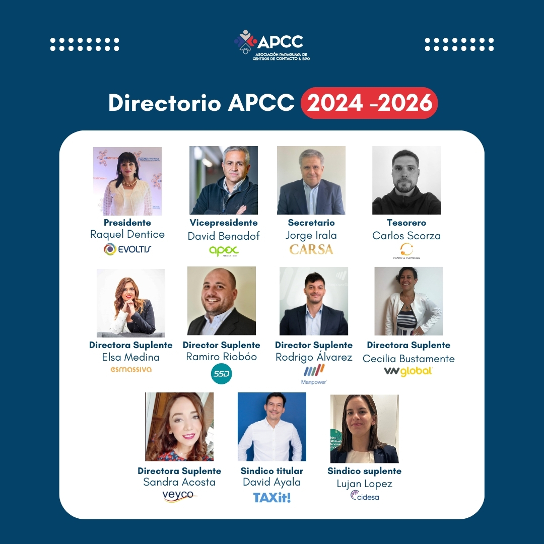 Se realizó la Asamblea Ordinaria para elegir autoridades 2024-2026 de la APCC. El directorio liderará a las más de 35 empresas del sector.  

Fortalecerán el sector BPO y Contact Center en Paraguay como hub de exportación de servicios y generarán empleo e inversiones.