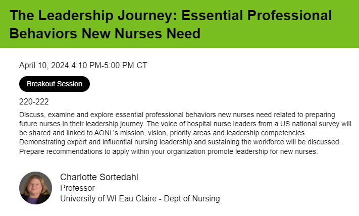 MFLD_Nursing's tweet photo. Congrats to Dr. Charlotte Sortedahl, UWEC nursing professor, who presented "The Leadership Journey: Essential Professional Behaviors New Nurses Need" at the American Organization for Nursing Leadership conference in New Orleans last week. #AONL2024 #nursingleadership https://t.co/l8s1z4ybOL