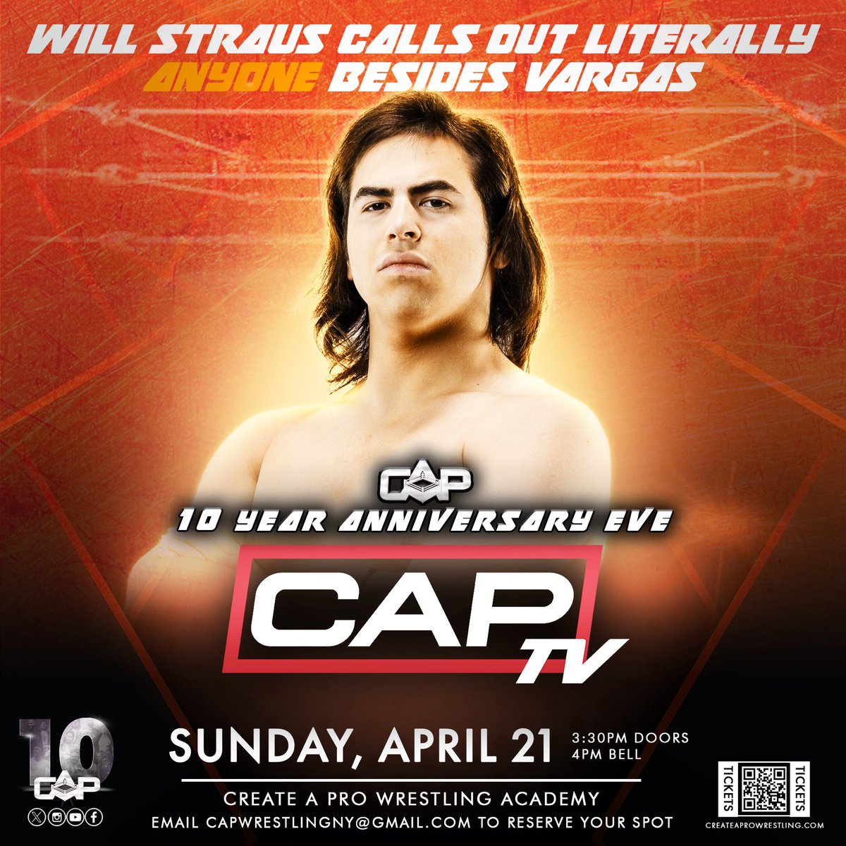 🚨THIS SUNDAY🚨

After 3 unsuccessful matches against Vargas, Will Straus has informed us that he is “moving on with his life”

Instead, Will Straus will be calling out literally anyone besides Vargas!

Who will answer his challenge at #CAPTVLive?

🎟EMAIL TO RESERVE YOUR SPOT🎟