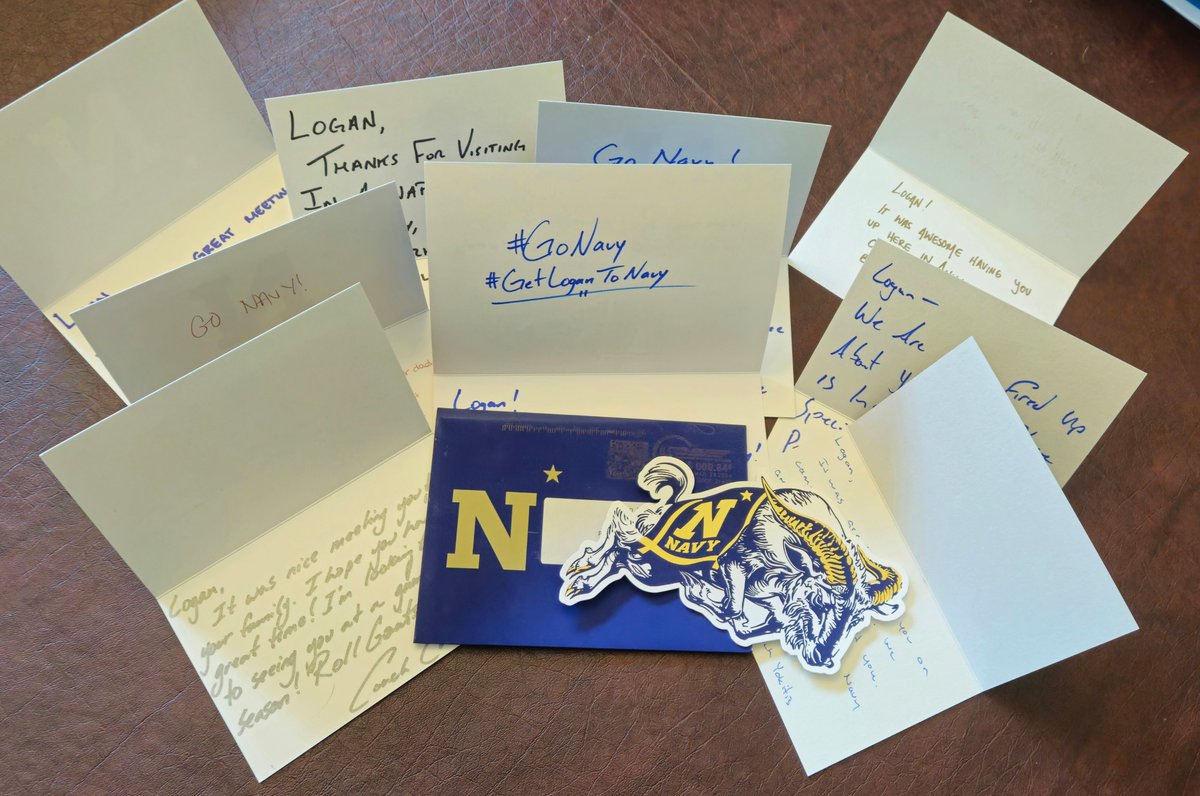 Thanks to all the @NavyFB Coaches and staff for the handwritten cards. I really appreciate it! Can’t wait to get back up to Annapolis. @_CoachNew @Drew_Cronic @CoachIvinJasper @DannyPayneNavy @CourtneyWeiner2 @SMHSfootball @RecruitGeorgia @NEGARecruits @SMRecruiting1 #GoNavy