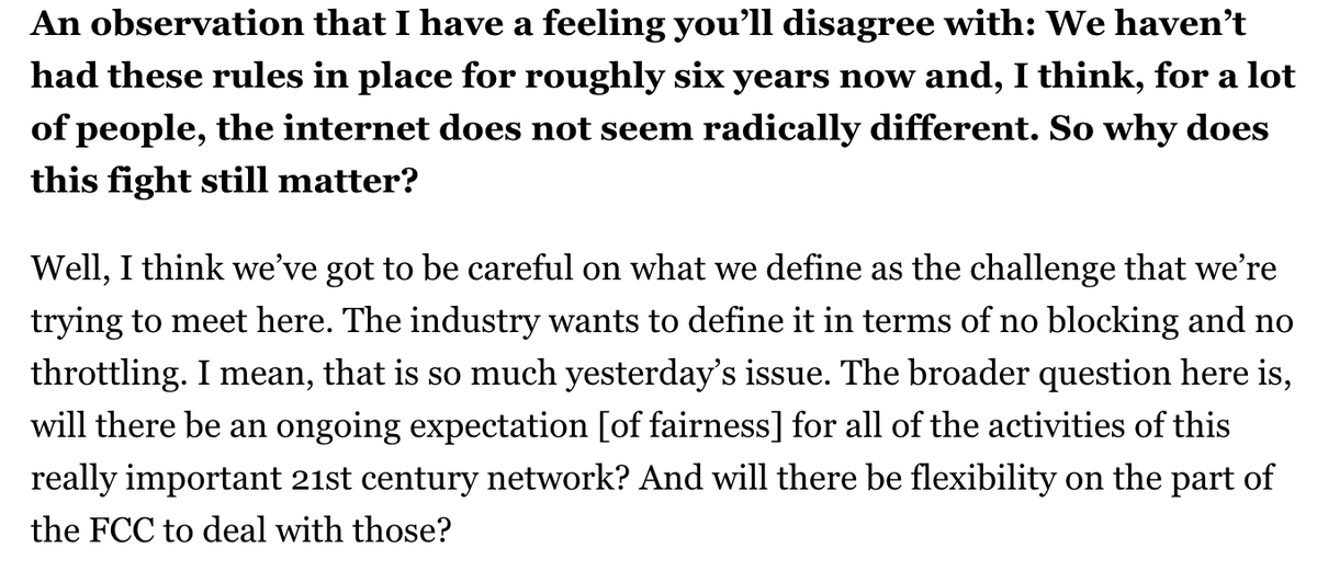 Some takeaways from the interview in Politico of former FCC Chairman @tewheels on #NetNeutrality.

1) He admits that the justification he relied on to pass the rules in 2015 is outdated and moot, calling it 'yesterday's issue.'