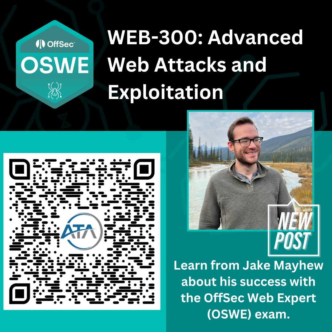 Take an inside look into Jake Mayhew's experience with @offsectraining WEB-300: Advanced Web Attacks and Exploitation. Learn the process Jake followed to successfully pass the #OSWE Certification. appliedtechnologyacademy.com/web-300-oswe-r… #OSWE #sql #xss #ssrf #debugging #python