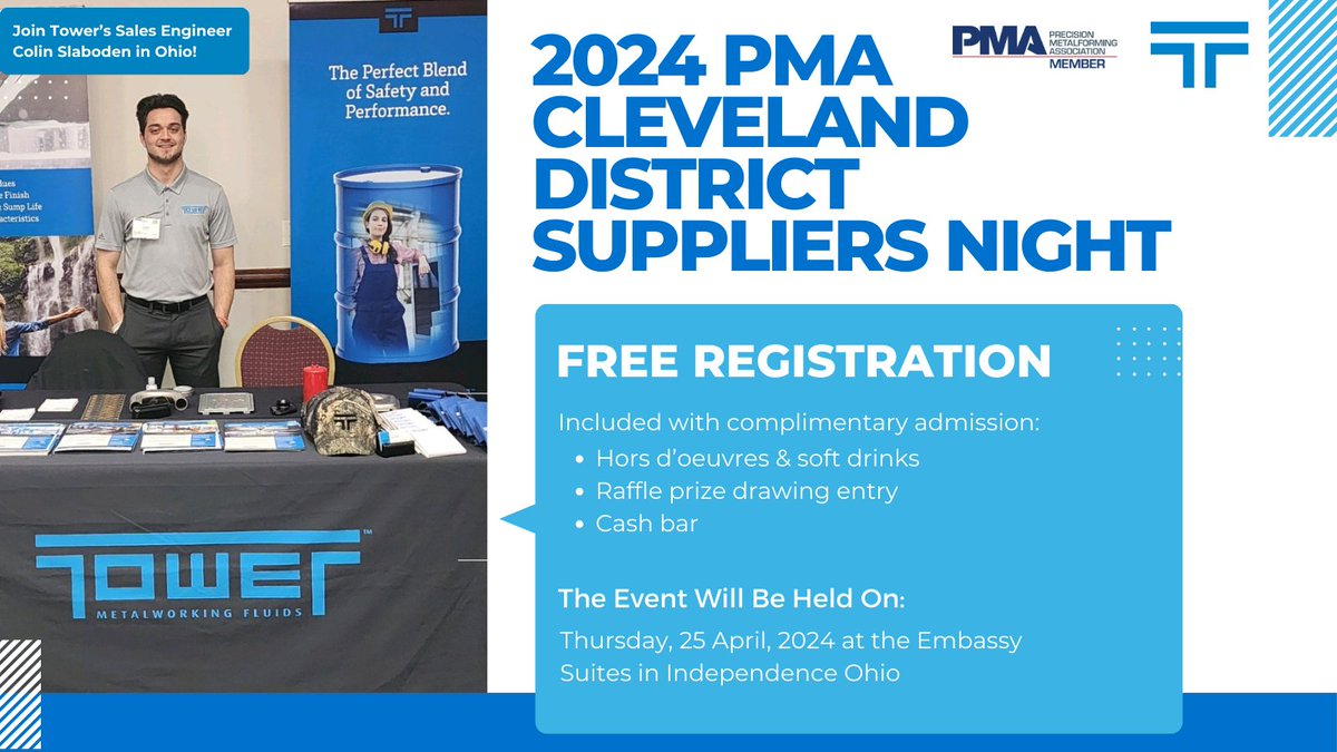 Join Tower's Sales Engineer Colin Slaboden at the 2024 PMA Cleveland District Suppliers Night! Registration is FREE! 

Register Today: bit.ly/ClevelandSuppl…

#ClevelandSuppliersNight #Ohio #PMA #TowerMWF #MetalworkingEvents #Networking #Manufacturing