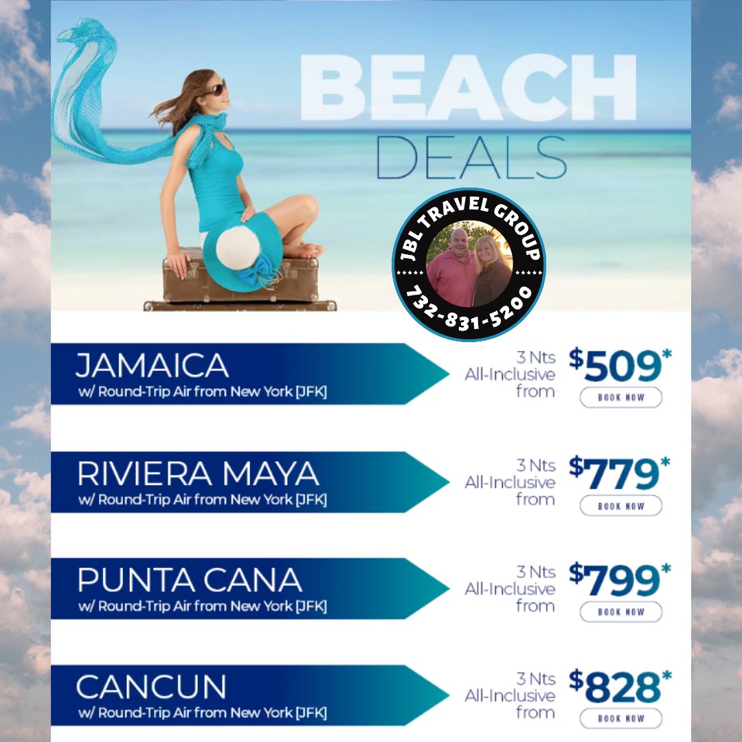 #Tropical #beachvacations with RT airfare from JFK airport, NY to #jamiaca #rivieramaya #puntacana & #cancun Call the #jbltravelgroup today for more information and for similar 5 night & 7 night #allinclusivepackages