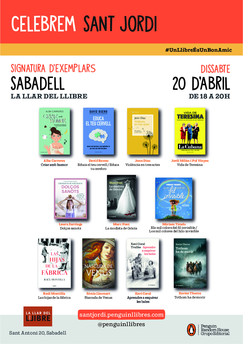 DEMÀ DISSABTE, 20 d'abril, signatures @penguinllibres a Granollers i a Sabadell. A la llibreria La Gralla de #Granollers, de 12h a 14h. A La llar del llibre de #Sabadell, de 18h a 20h. Us hi esperem!