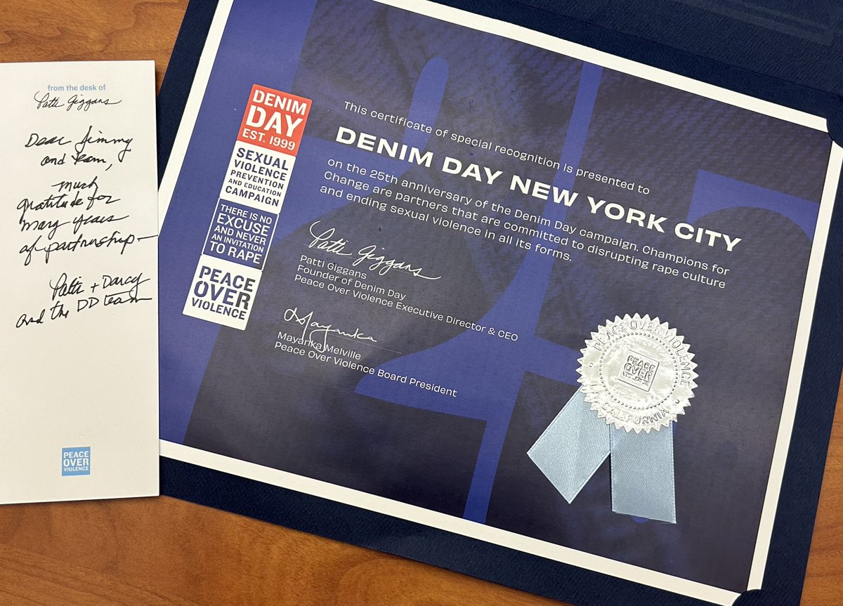 We're honored to receive a Cert of Special Recognition from @peaceovrviolence, on the 25th anniversary of Denim Day. Thank you for acknowledging our dedication to raising awareness about sexual violence and supporting survivors. #DenimDayNYC 25 Years #SurvivingAndThriving