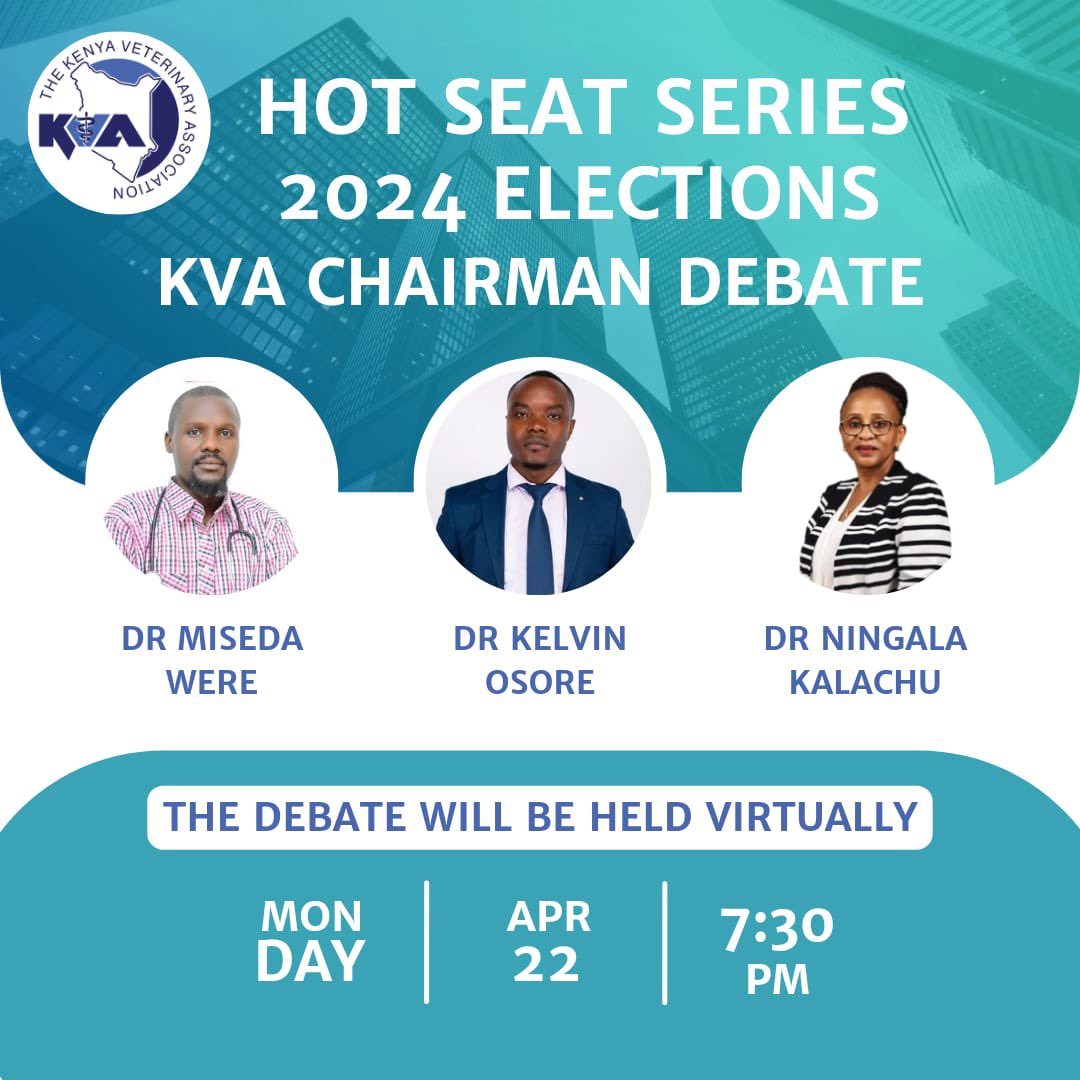 Kenya Veterinary Association ELECTION is here. We will run a Twitter poll in a few days.

Leave a comment. Who is the most suitable for the POSITION ?.

Tip;  KDA bill is here!