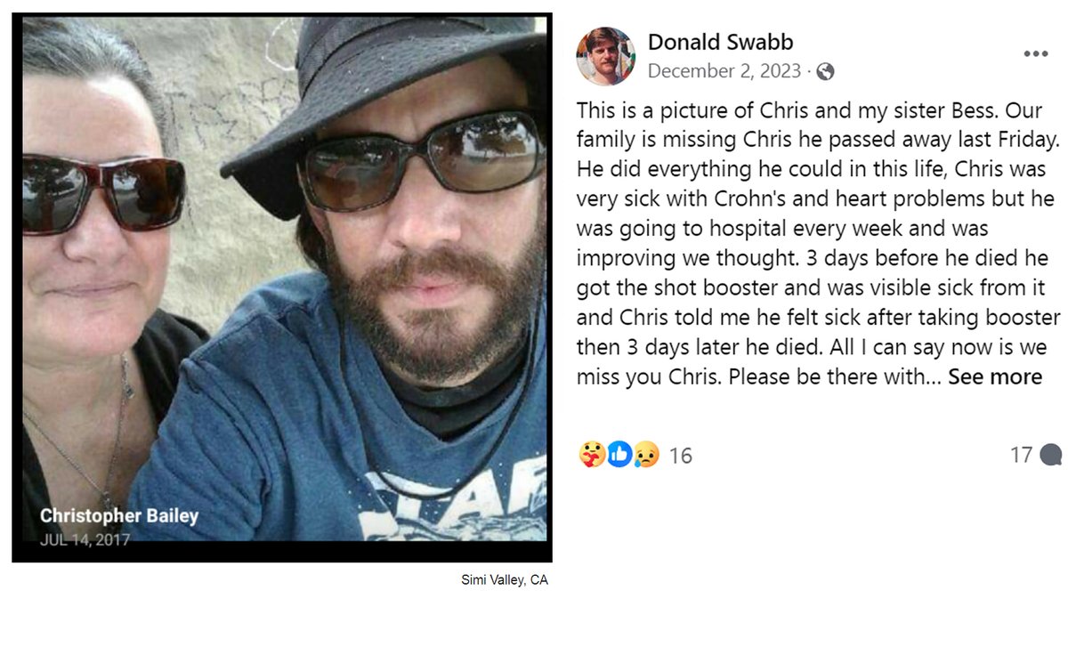 Simi Valley, CA - Christopher Bailey died suddenly on Nov.24, 2023

'3 days before he died he got the (COVID-19 mRNA Vaccine) shot booster and was visibly sick from it'

'Chris told me he felt sick after taking booster then 3 days later he died'

#DiedSuddenly