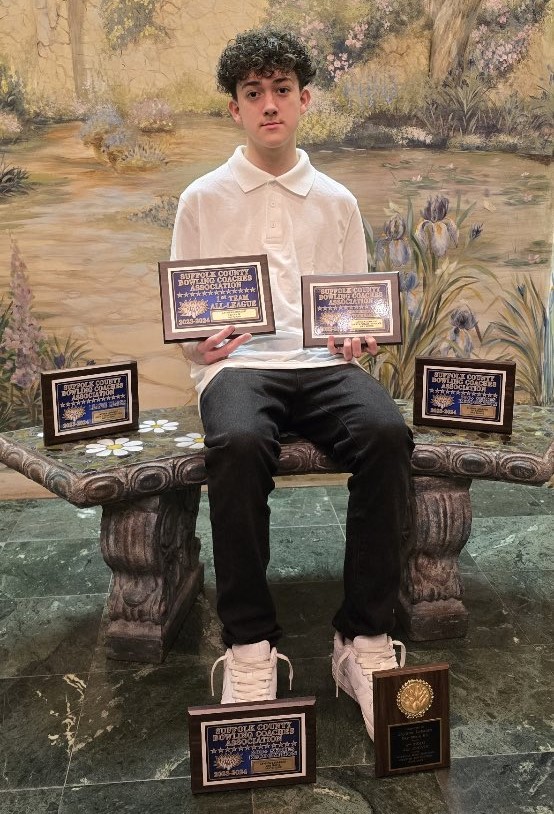 Bay Shore Boys Varsity Bowling team member Jayden Lobasso won multiple awards at a post-season dinner, including Top 10 Suffolk County Singles/Doubles Tournament, League 2 High Average Leader, All-League First Team, Superior Game, and All-County Second Team. #ItsAShoreThing