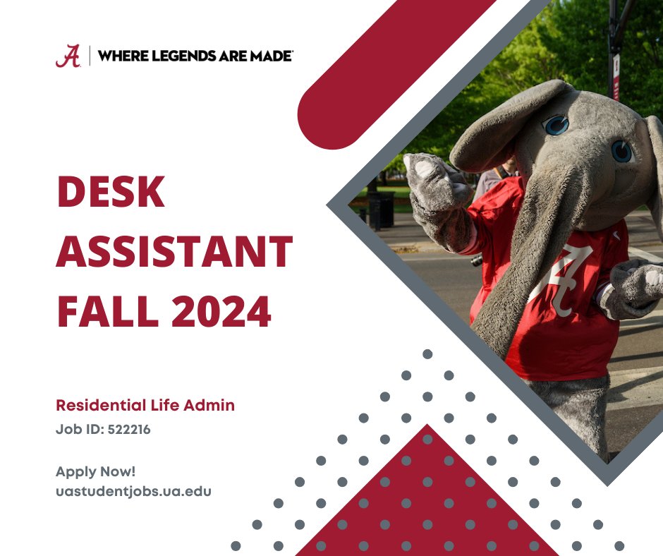 🍂Ahead of the game and and already looking for a fall on-campus student job?🖥️ Check out Residential Life's open Desk Assistant job today at uastudentjobs.ua.edu!

#UAStudentJobs #WhereLegendsAreMade #theuniversityofalabama #studentemployment #JoinOurTeam #applynow