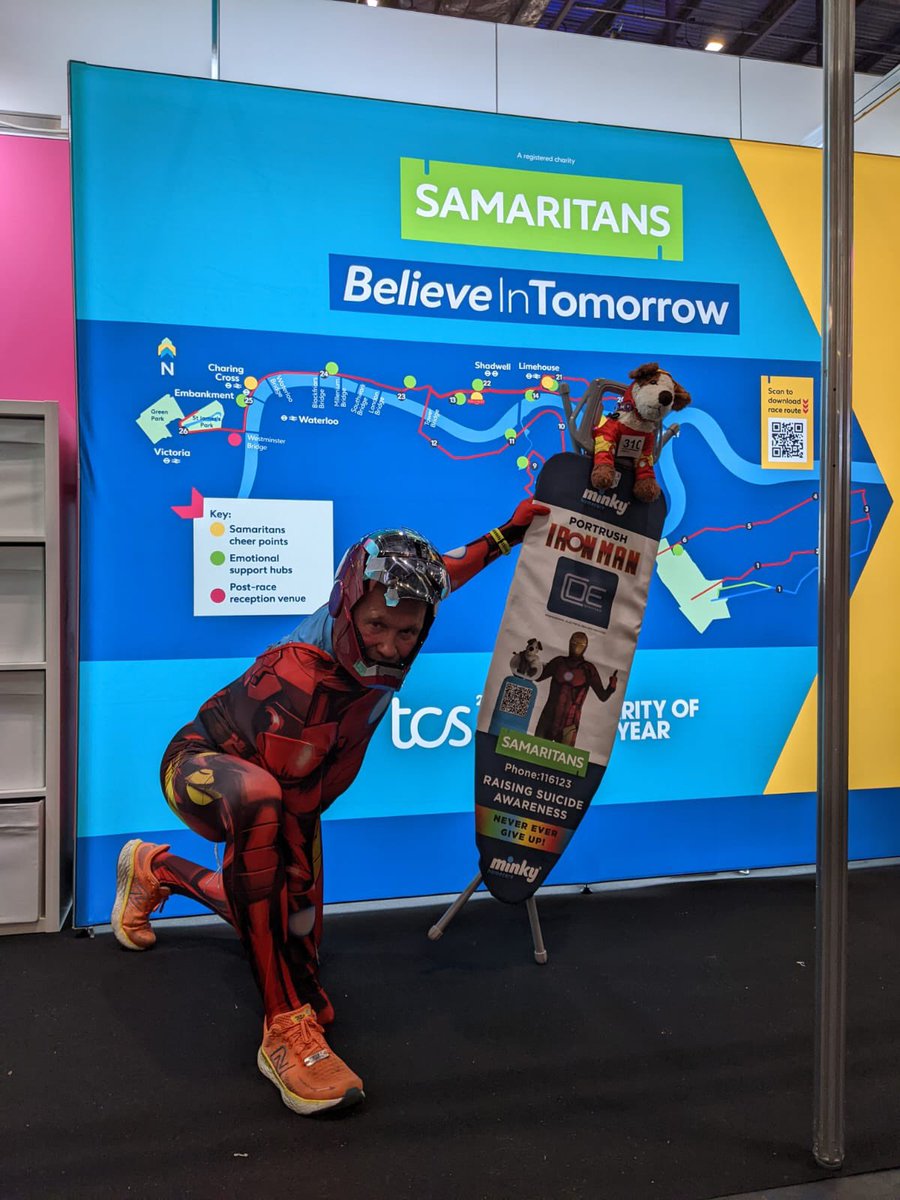 Ironman Andy is running @londonmarathon as part of #TeamSamaritans all the way carrying an ironing board! Go Andy💚