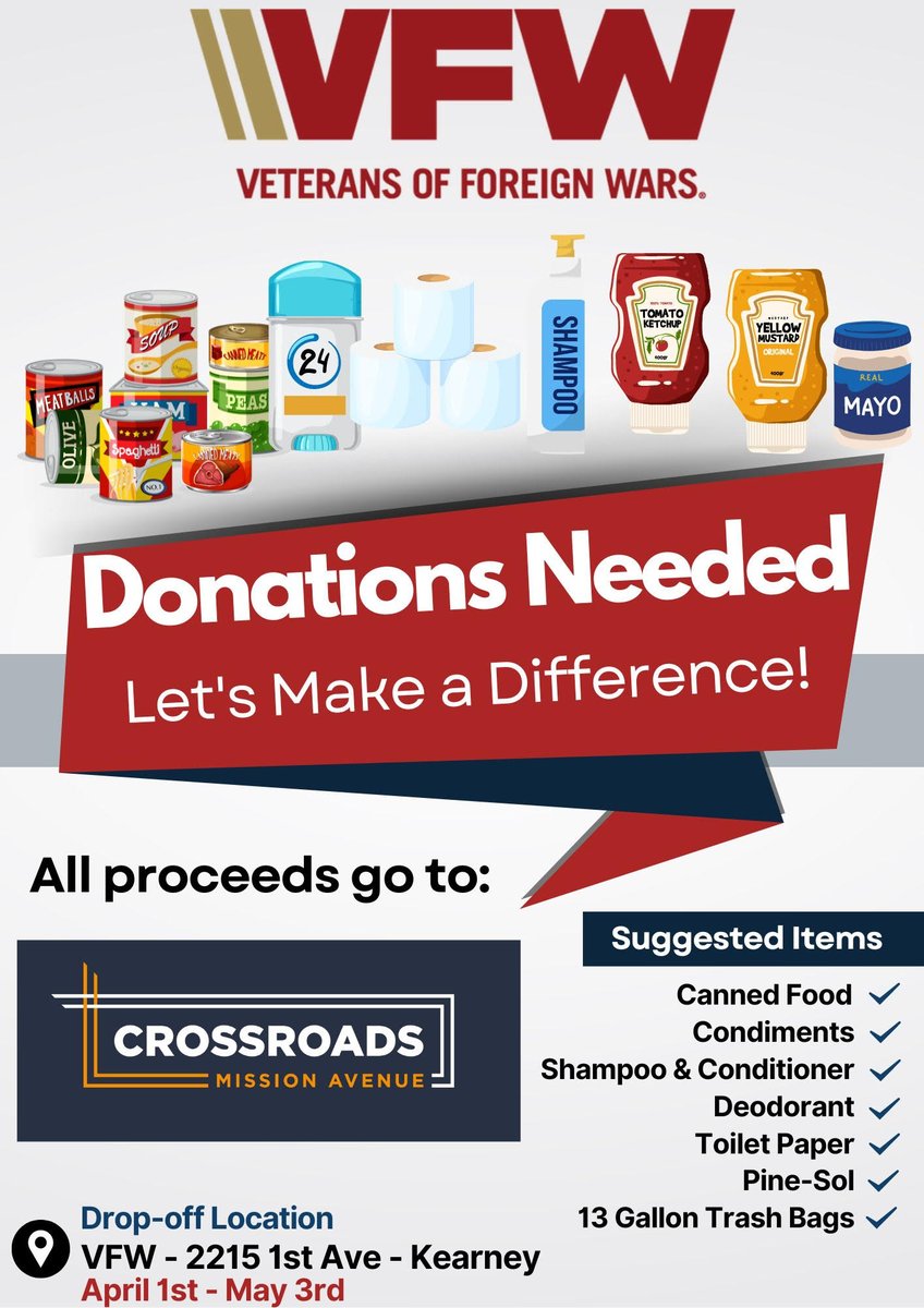 The VFW is making a difference in Kearney! Bring a donation to their drop-off location at 2215 1st Avenue in Kearney from April 4th - May 3rd! Bless Crossroads Mission Avenue as we meet the needs of our struggling neighbors! crossroadsmission.com/critical-needs/ vfw759.org/di/vfw/v2/defa…