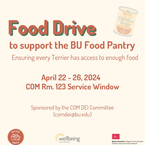 Join @bu_wellbeing & the COM DEI Committee in supporting Terriers' access to meals through our food drive for the BU Food Pantry. Canned goods, dry grains and peanut butter/jelly are gratefully accepted. Thank you for your support of our #COMmunity!