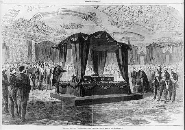 As the nation mourned, the first funeral for President Abraham Lincoln was held in the East Room of the White House #OTD in 1865. His body would soon begin a journey through seven states to be viewed by crowds of people before his burial in Springfield, Illinois.