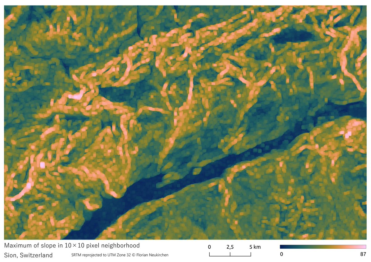 Maximum slope in a 10x10 pixel neighborhood, made in #QGIS with Scipy Filters plugin. Sion, Switzerland