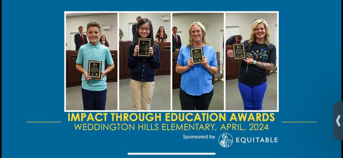 Congratulations to our Impact Through Education Award Recipients. These Wildcats exemplify such qualities as initiative, hard work, and respect for others and who make a positive impact at Weddington Hills. ​Luke C. and Grace Z. Jessica K., SL TA Ashley Dickerson, SL Teacher