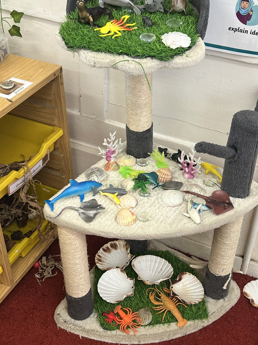 Y1 continuous provision - the children built a zoo with lots of enclosures. The dangerous animals are marked with a warning exclamation mark! The sea creatures are classified according to fins or flippers. Excited to see how this develops next week 💚💛#learningthroughplay