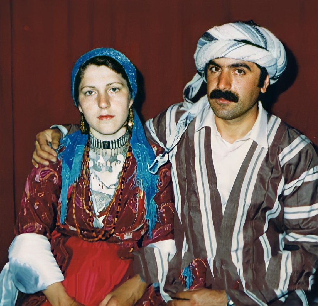 A Kurdish couple in traditional dress in Colemêrg (Hakkari), Turkey, 1980s.