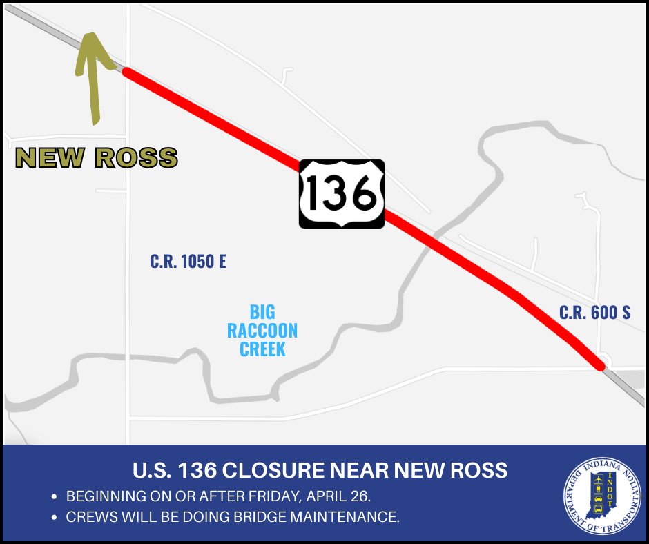 BEGINNING TODAY: (4/26) A temporary closure in Montgomery County is happening near New Ross ⛔ Crews will be closing U.S. 136. 🦺 For more information, click below. ⬇ lnks.gd/2/2vLzb5Z